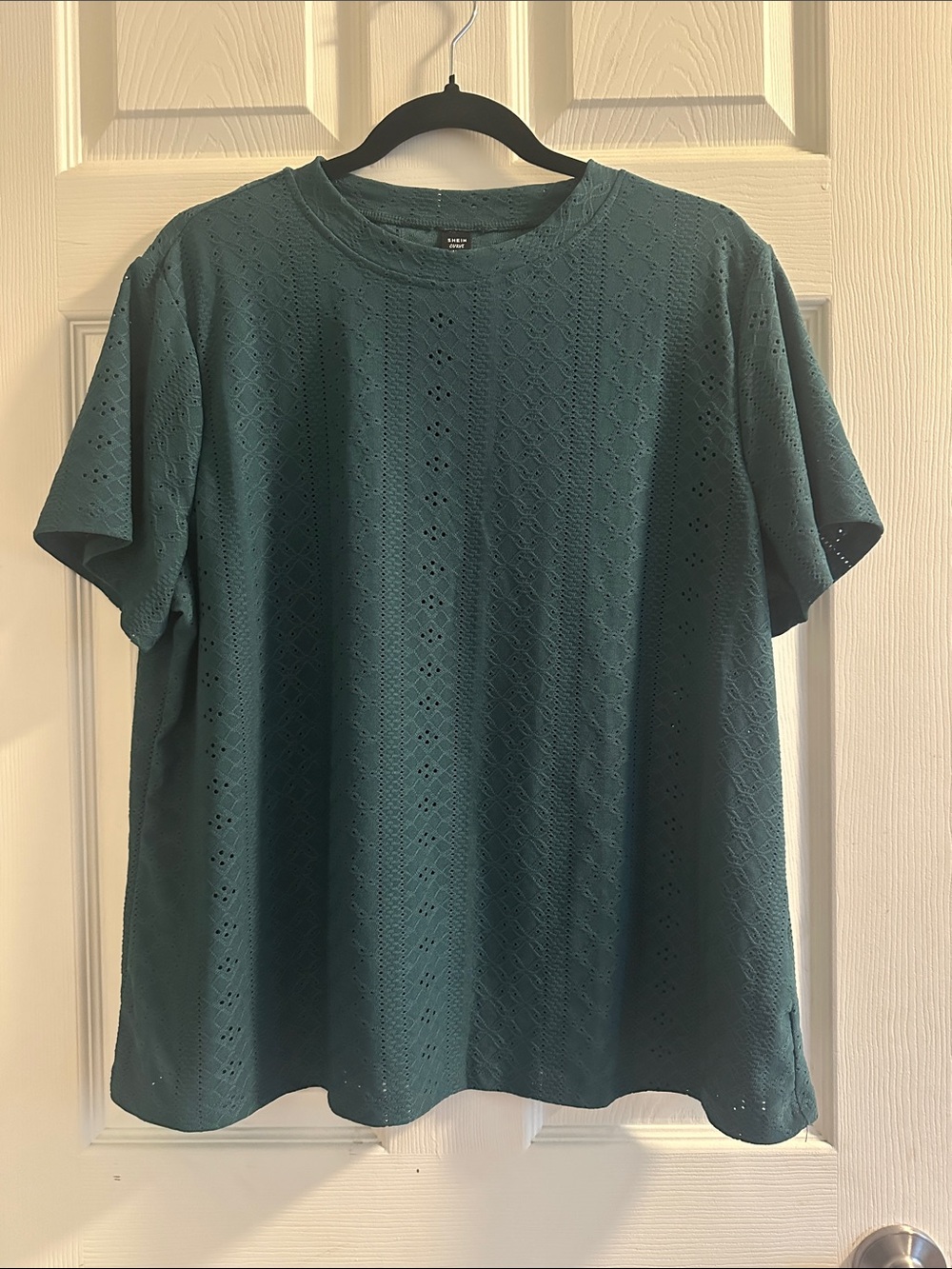 Women's Short Sleeve Eyelet Crew Neck Tee - Teal Green